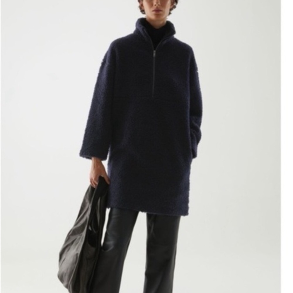 COS SHERPA TEDDY NAVY PULLOVER POCKETED TUNIC DRESS EUC SIZE XS OVERSIZED